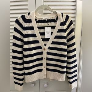 Emerson Fry Low V Neck Cardigan — Navy French Stripe, size M, NWT